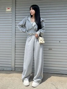 FRIFUL Women's Korean Style Ruched Waist Hooded Sweatshirt And Loose Pants 2 Pieces Set Fall - Grey - View 7