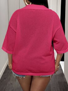 Slaydiva Plus Size Women Solid Color Lapel Collar Drop Shoulder Casual Knit Top - Watermelon Pink - View 2
