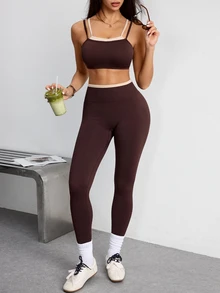 Dewbera Dewbera 1 Set Coffee Brown Double Spaghetti Strap Sports Set, Adjustable Cross Back Bra, Ribbed High Waist Leggings, Slim Fit, For Yoga Fitness Daily Summer - Coffee Brown - View 3