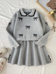 SHEIN 少女 2 件組秋冬毛衣套裝，可愛甜美彼得潘領蝴蝶結圖案粗針織長袖套頭上衣，百搭直筒開衩下擺裙 - 灰色 - 查看 1