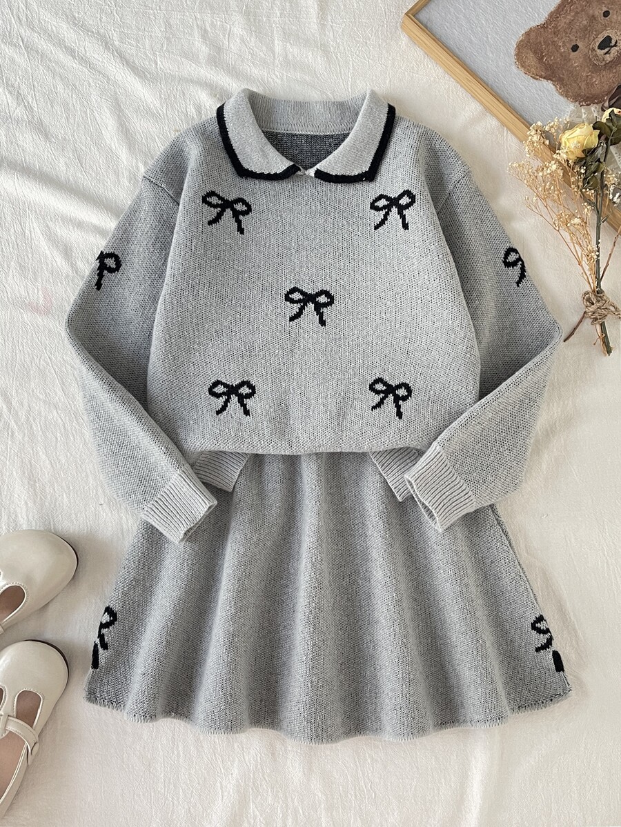 SHEIN 少女 2 件組秋冬毛衣套裝,可愛甜美彼得潘領蝴蝶結圖案粗針織長袖套頭上衣,百搭直筒開衩下擺裙 - 灰色 - 查看 1