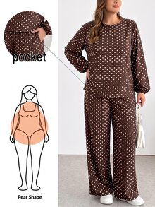 SHEIN Essnce Plus-Size Women's Spring And Autumn Fashion Casual Loose Comfortable Long-Sleeved Top And Wide-Leg Pants Brown Polka Dot Two-Piece Set,Fall Outfits - Brown - View 2