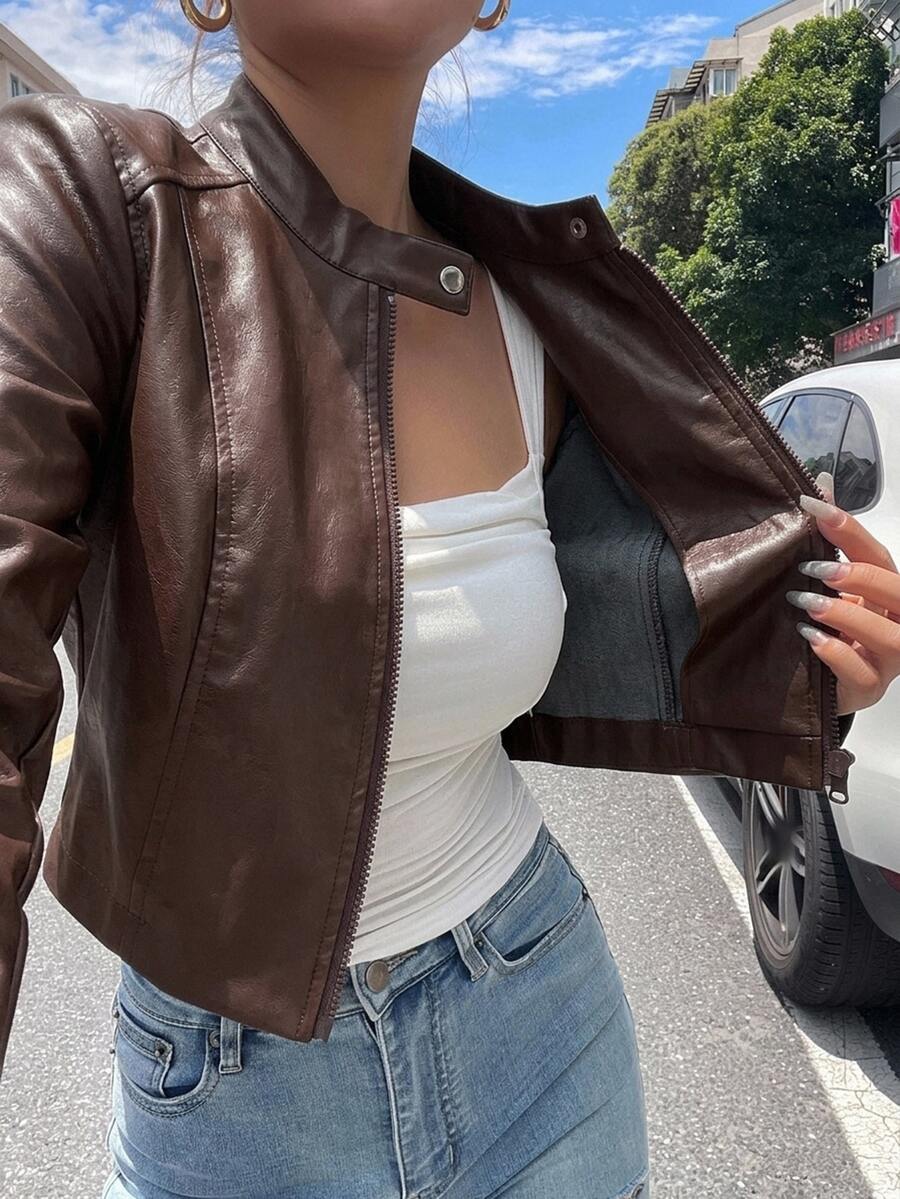 DAZY Women's Solid Color Fitted Short Stand Collar Long Sleeve Zipper Casual Street Vacation Spring Autumn PU Leather Jacket - Coffee Brown - View 1