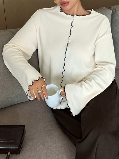 Dazy Plus Wavy Edge Dense Hem Patchwork Loose Casual Korean Style Bell Sleeve Long Sleeve T-Shirt