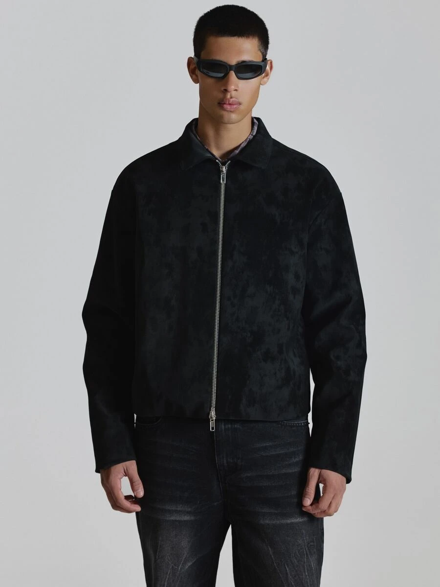 Musero Cropped Boxy Fit Flat PU Suede Jacket Tonal Zip Detail Slight Drop Shoulder Autum Winter Essentials - Black - View 1