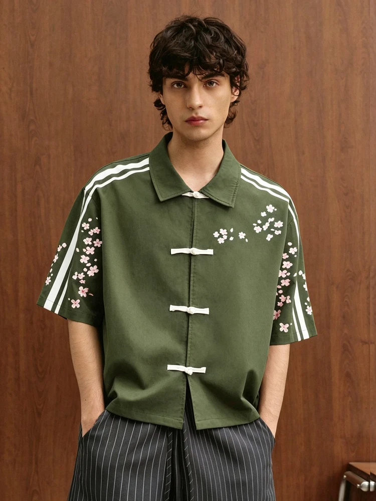 TOKVUE Men's Navy Blue Floral Japanese Chinese Style Short Sleeve