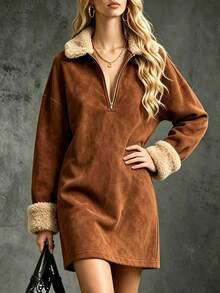 LUMIGAL Women's Autumn/Winter New Casual Fur Collar A-Line Dress - Camel - View 4