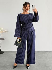 Firerie Plus Size Casual Commute Striped Shirt & Trousers Suit Set - Navy Blue - View 1