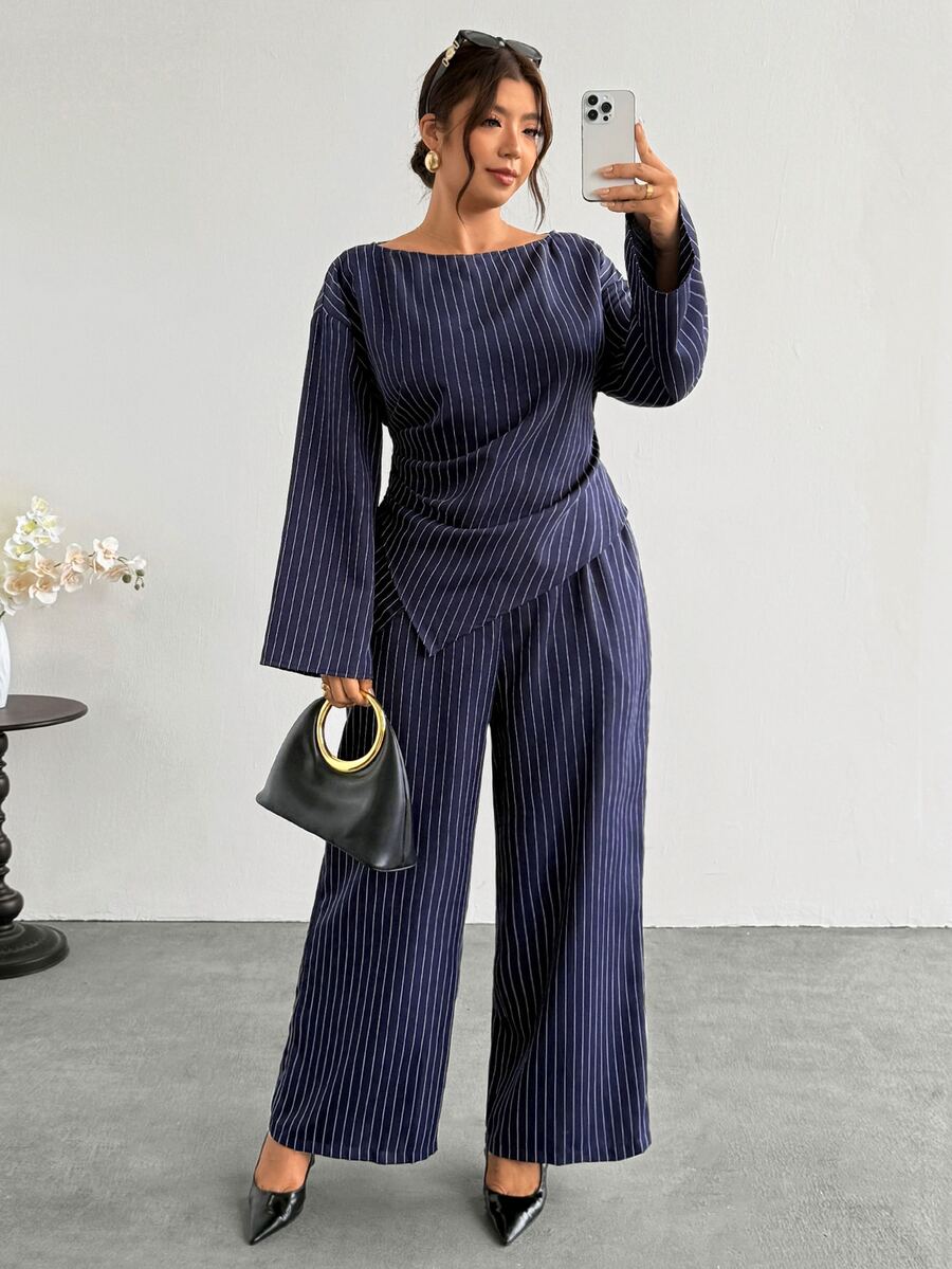 Firerie Plus Size Casual Commute Striped Shirt & Trousers Suit Set - Navy Blue - View 1