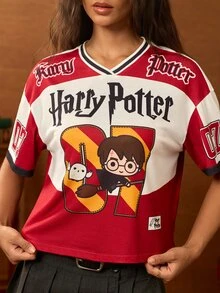 HARRY POTTER X SHEIN Kaos Wanita Motif Kartun Patchwork Blok Warna - Putih - View 6
