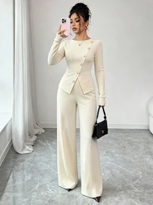 Elenzga Women's Fashion New Apricot Pearl Button Asymmetrical Ribbed Knit Long Sleeve Pearl Button Commute Work Date Gentle Elegant Intellectual 2 Pieces Set - Apricot - View 3