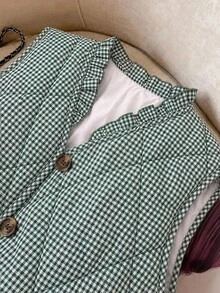 SHEIN Clasi Plaid Button Pocket Cotton Padded Vest Jacket - Dark Green - View 7