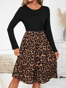 SHEIN Clasi Women's Casual Leopard Print Patchwork Midi Dress, Autumn - Black - View 3