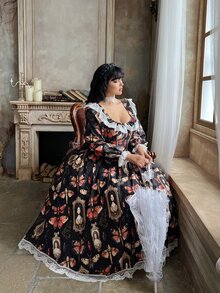 Lyrianda Plus Size Vintage Court Style Butterfly Print Dress Fall - Multicolor - View 6