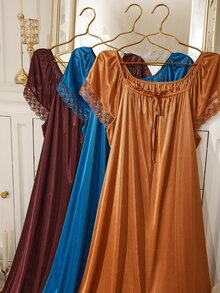 MuseNap CURVE Solid Color 3 Pieces Plus Size Women's Contrast Lace Front Tie Nightgown Set - Multicolor - View 10