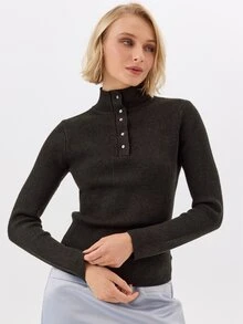 KÆRIA Hus Fine Button High Neck Jumper - Lustrous Compact Knit - Charcoal - Elegant, Luxury, Casual, Modern - Black - View 4
