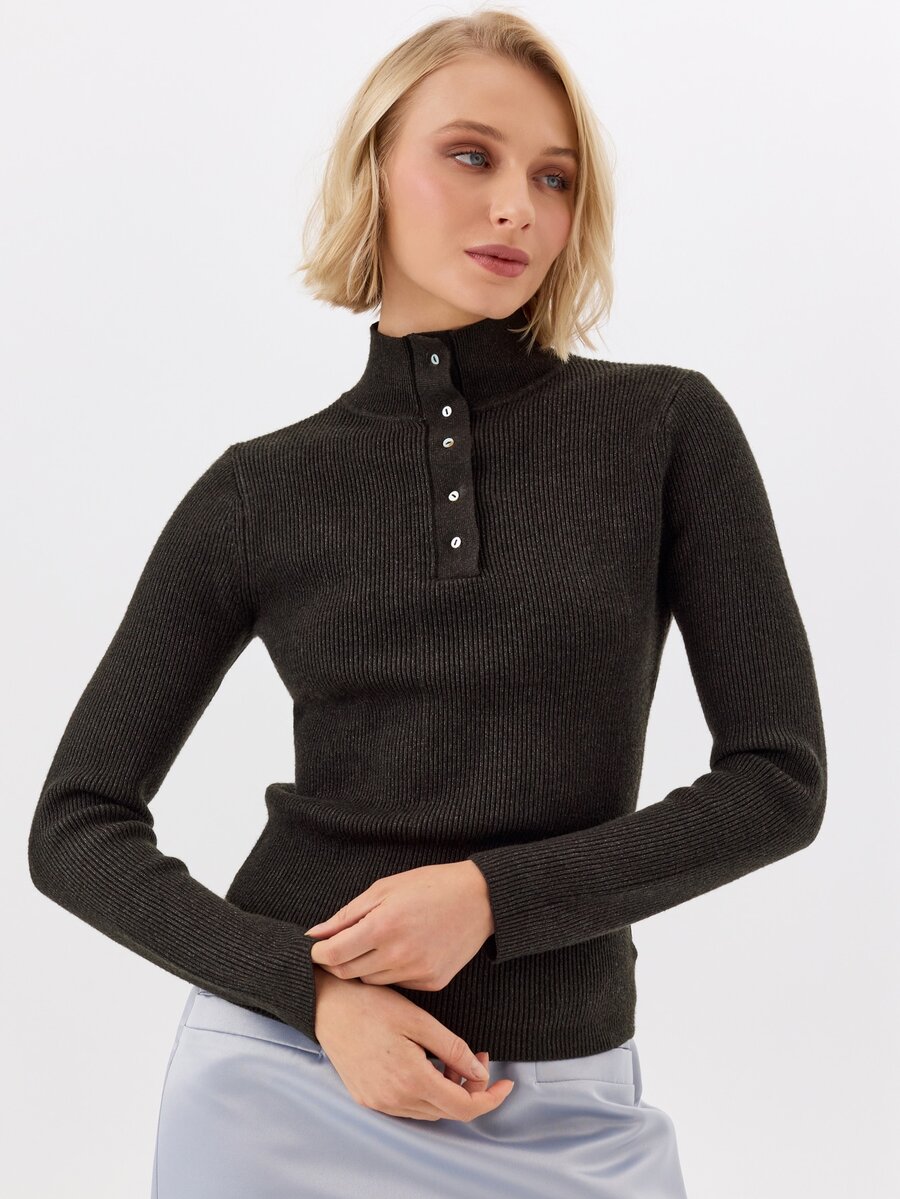 KÆRIA Hus Fine Button High Neck Jumper - Lustrous Compact Knit - Charcoal - Elegant, Luxury, Casual, Modern - Black - View 1