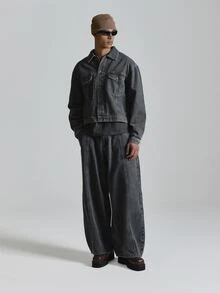 Musero Overszied Back Adjuster Grey Washed Denim Jacket Drop Shoulder Inserted Chest Pockets Co Ord Jacket Only Autum Winter Essentials - Black - View 3
