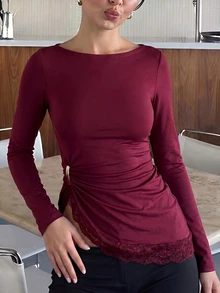 Lumalex 女款優雅蕾絲拼接開衩上衣 - 酒紅色 - 查看 6