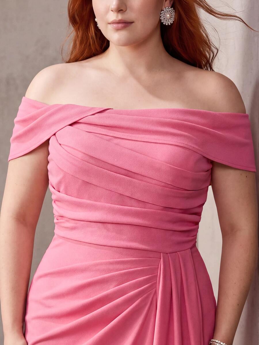 MOTF PREMIUM PLUS SIZE OFF SHOULDER RUCHED WAIST MERMAID HEM DRESS - Hot Pink - View 2