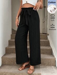 SHEIN LUNE 女款素色休閒百搭日常穿著長褲 - 黑色 - 查看 4