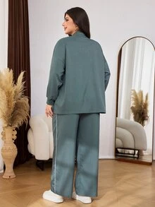 Lacomfia Plus Size Women's Loose Casual H-Line Stand Collar Long Sleeve Zip-Up Jacket And Regular Elastic Waist Straight Leg Pants 2 Pieces Set, Autumn - Green - View 2