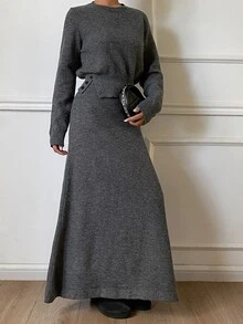 DAZY Solid Color Fitted Crew Neck Long Sleeve Pullover Sweater & A-Line Umbrella Skirt, Elegant Formal Vacation Korean Style Thickened Autumn/Winter 2 Pieces Set For Women - Grey - View 4