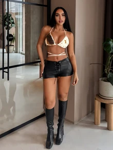 SHEIN SXY 女款白色休閒牛仔女郎性感掛脖上衣，百搭日常穿著，適合夜店派對、夜晚外出、夏季與萬聖節 - 彩色 - 查看 4