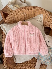 SHEIN 女嬰毛茸茸卡通熊外套 秋冬款 - 粉色 - 查看 3
