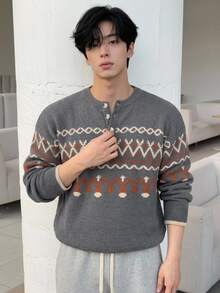 DAZY Autumn/Winter Grey Base Geometric Retro Pattern Jacquard Men's Crew Neck Half-Zip Sweater - Grey - View 3