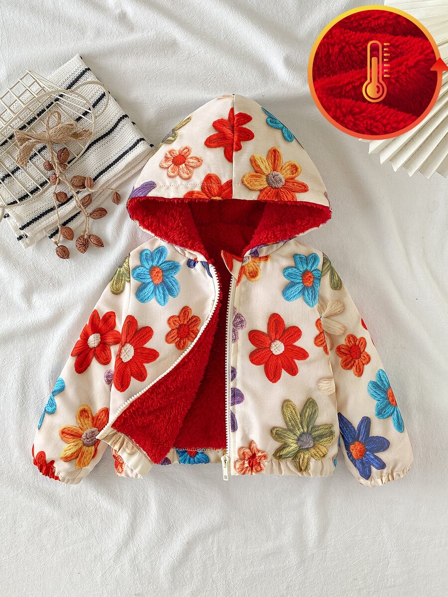 SHEIN 1件幼兒女童可愛3D花朵貼布長袖連帽厚實抓絨內裡拉鍊夾克外套 戶外聖誕冬季秋季