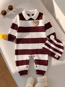 SHEIN Newborn Baby Boy & Girl Autumn/Winter Cute Colorblock Cartoon Pattern Polo Collar Long Sleeve Romper Bodysuit Striped Sweater Romper Infant Sweater Romper - Multicolor - View 1