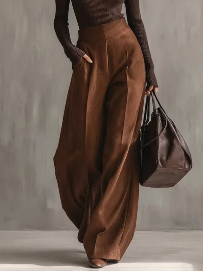 LUMIGAL Calça Longa Elegante de Cintura Alta e Perna Larga na Cor Café para Mulheres