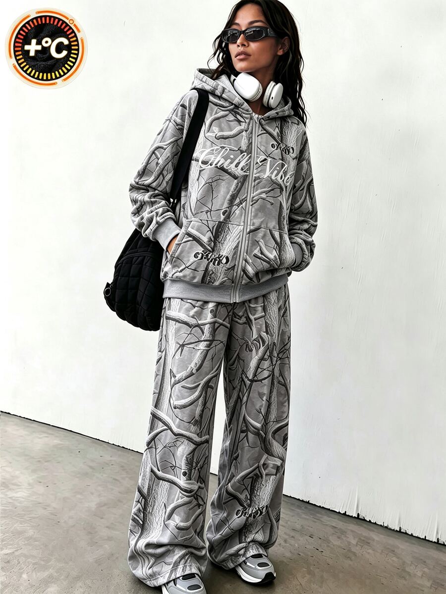 SHEIN 青少年女孩秋季套裝 拉鍊連帽衫、細肩帶背心上衣與寬腿長褲休閒街頭風 Y2K 套裝,適合日常穿著,Sixth Form 正式灰色 - 灰色 - 查看 1