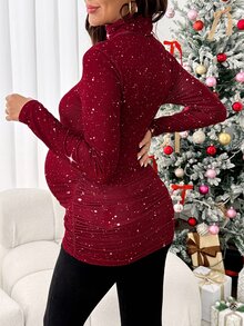 SHEIN تي شيرت أنيق لامع برقبة عالية ضيق للحوامل لفصل الخريف/الشتاء - الأحمر - مشاهدة 2