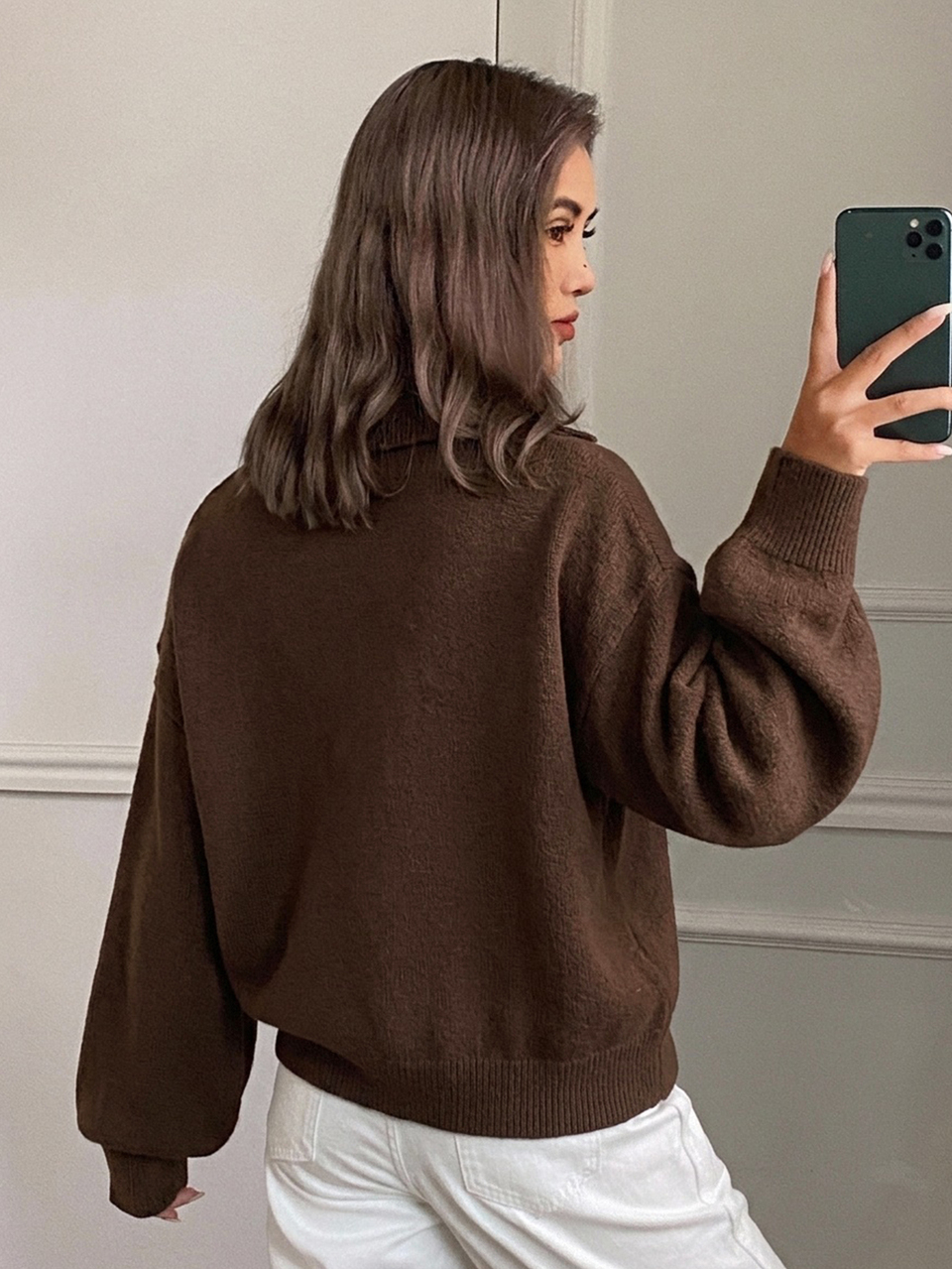 Solid Color Loose Fit Lapel Long Sleeve Pullover Casual Streetwear Autumn/Winter Knit Sweater For Women