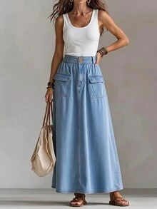 LUMIGAL Women's Fashion Streetwear Pocket Button Denim Skirt - Blue - View 7