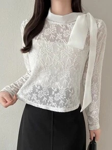 FRIFUL Women's Elegant Fashion Knot Neck Long Sleeve T-Shirt Fall - White - View 8