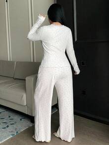 Dazy Plus Floral Pattern Contrast Lace Pants & Fitted Long Sleeve Top 2 Pieces Loungewear Set, Pink Pajama Set - White - View 2