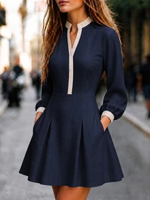 SHEIN 秋季休閒通勤日常上班穿著 V領拼接撞色收腰長袖短洋裝 - 藍色 - 查看 3