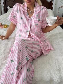 CottageSlumber Sweet Pink & White Striped Christmas Tree Bow Print Lapel Cardigan Loungewear 2 Pieces Set - Pink - View 2