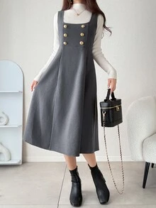 FRIFUL Gaun Berlapis Kancing Gaya Korea Preppy untuk Wanita - Grey - View 6