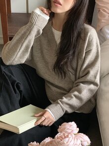 DAZY Women's Colorblock 2 In 1 Casual Vacation Autumn/Winter Pullover Knit Sweater - Khaki - View 4