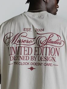 Oversized Drop Shoulder Graphic Tshirt "Musero Studios" Crew Neck Autum Winter Essentials - Apricot - View 6