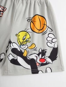 LOONEY TUNES X SHEIN 小男孩卡通印花T恤短褲套裝 - 灰色 - 查看 4