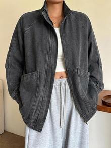 Dazy Plus Spring/Autumn New Loose Casual Distressed Washed Denim Jacket And Outerwear For Women, Plus Size Blogger Casual - Black - View 1