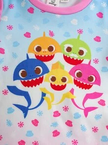 BABY SHARK X SHEIN طقم ملابس منزلية للبنات الرضع بطبعة كرتونية، توب بأكمام قصيرة وبنطلون طويل - متعدد الألوان - مشاهدة 4
