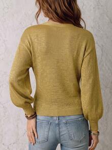 LUMIGAL Shiny Golden Yellow Front Twist Lantern Sleeve Elegant Women's Sweater, Suitable For Autumn/Winter Wear - Yellow - View 2