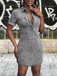 Slaydiva Women's Collared Casual Daily Summer Travel Denim Dress - Black - View 1