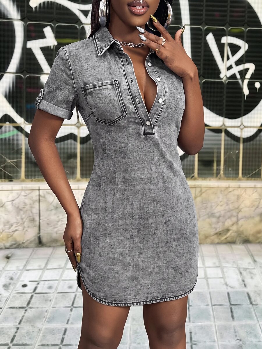 Slaydiva Women's Collared Casual Daily Summer Travel Denim Dress - Black - View 1